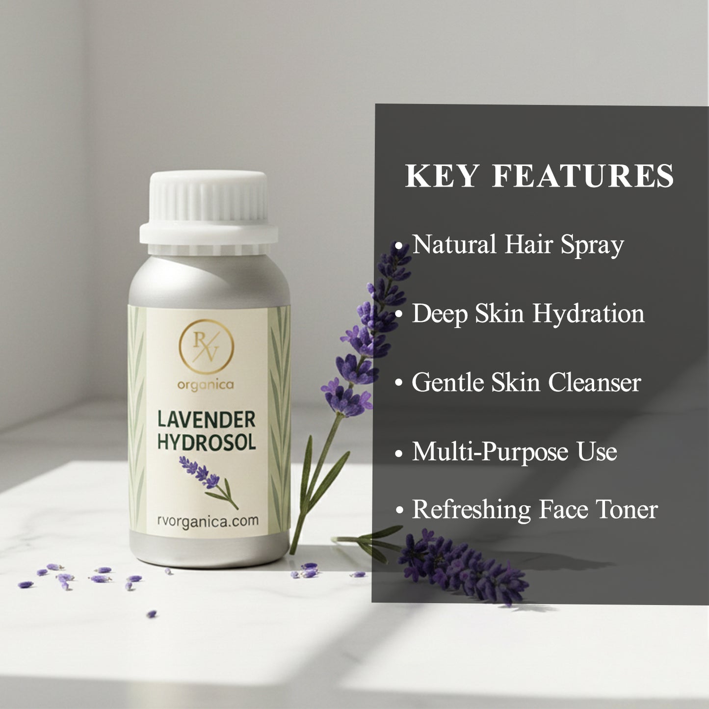 Lightweight Lavender Hydrosol face toner and natural hair mist with refreshing floral aroma, multipurpose water based skincare product