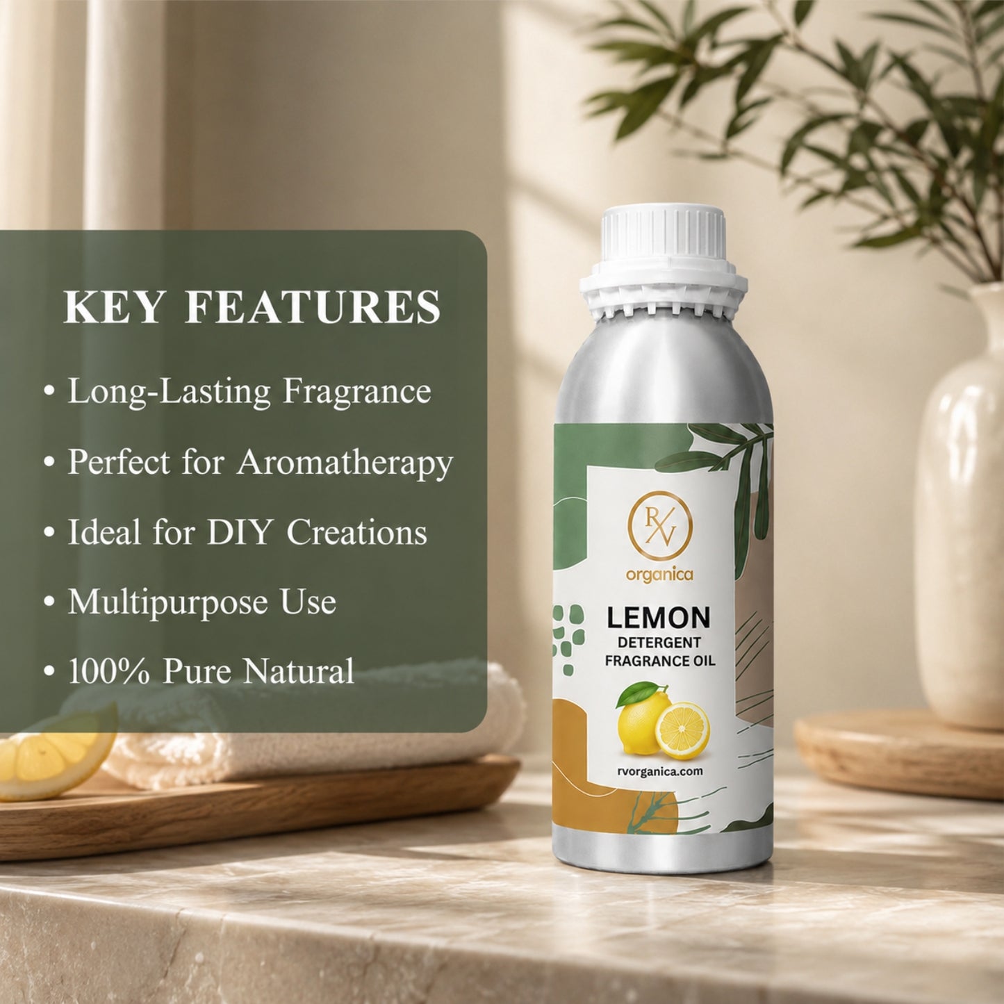 Key features of Lemon Detergent Fragrance Oil include a fresh citrus laundry aroma, long-lasting fragrance, strong scent retention, IFRA compliant, premium quality, and multipurpose use for detergents, fabric conditioners, soaps, candles, and home fragrance products.