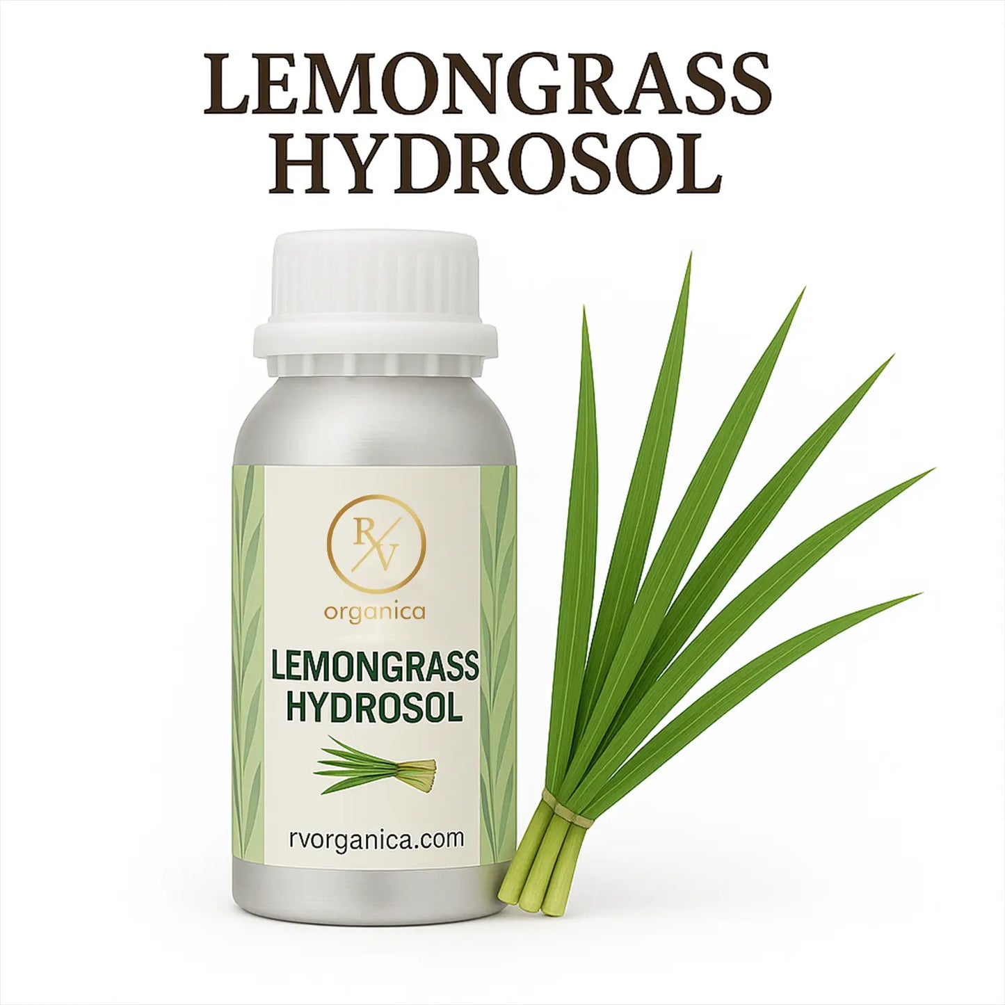 A bottle of Lemongrass Hydrosol with a white label, next to fresh lemongrass leaves.