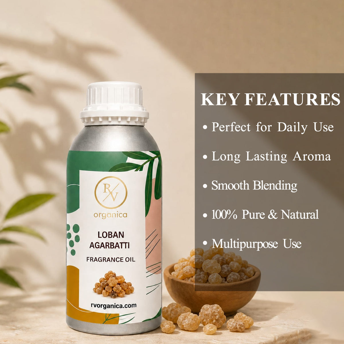 Loban Agarbatti Fragrance Oil in a premium aluminium bottle with quality certification icons, showcasing its long-lasting resinous incense aroma, IFRA compliant formula, and multipurpose use for agarbatti, candles, soaps, perfumes, and home fragrance products.