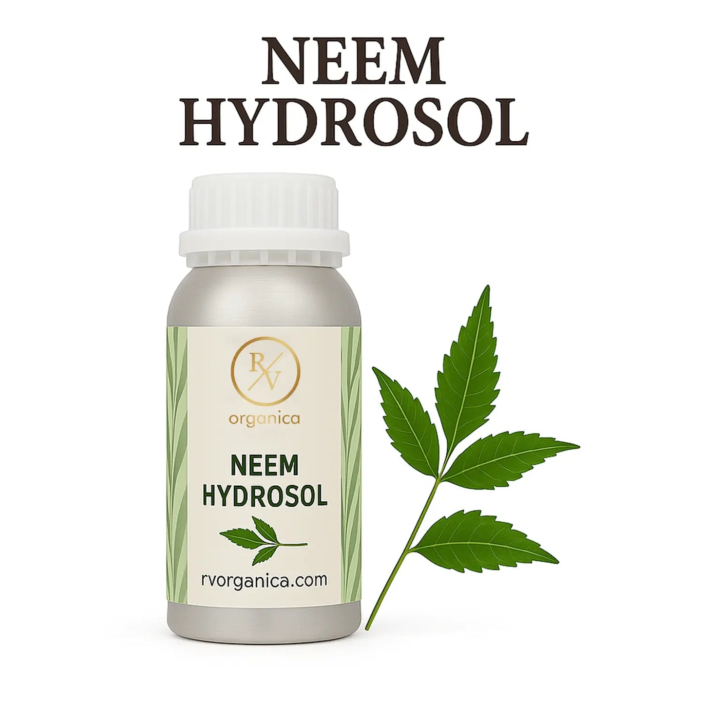 A bottle labeled Neem Hydrosol with a leaf of neem beside it, indicating it is a skincare product.