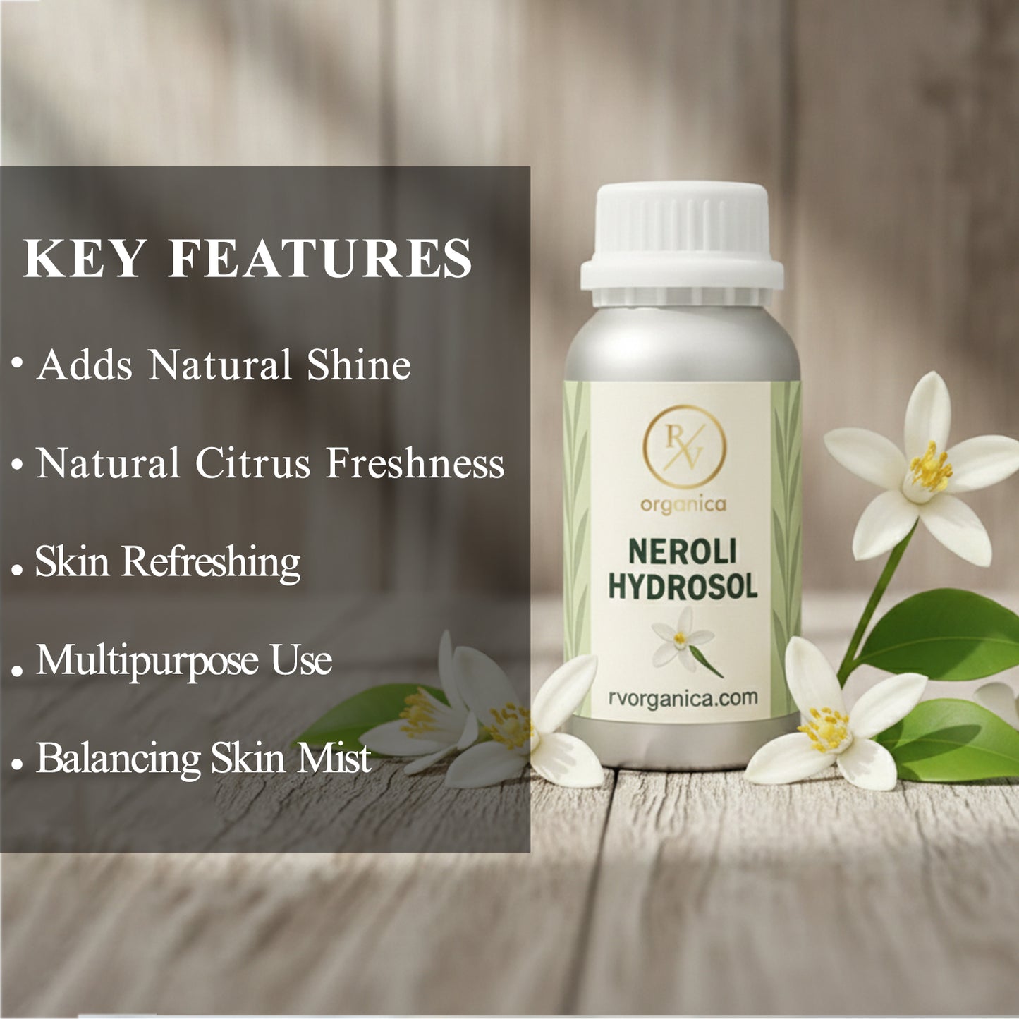 Organic Neroli Hydrosol natural face mist bottle with citrus blossom flowers, skin refreshing floral toner spray for glowing and balanced skin.