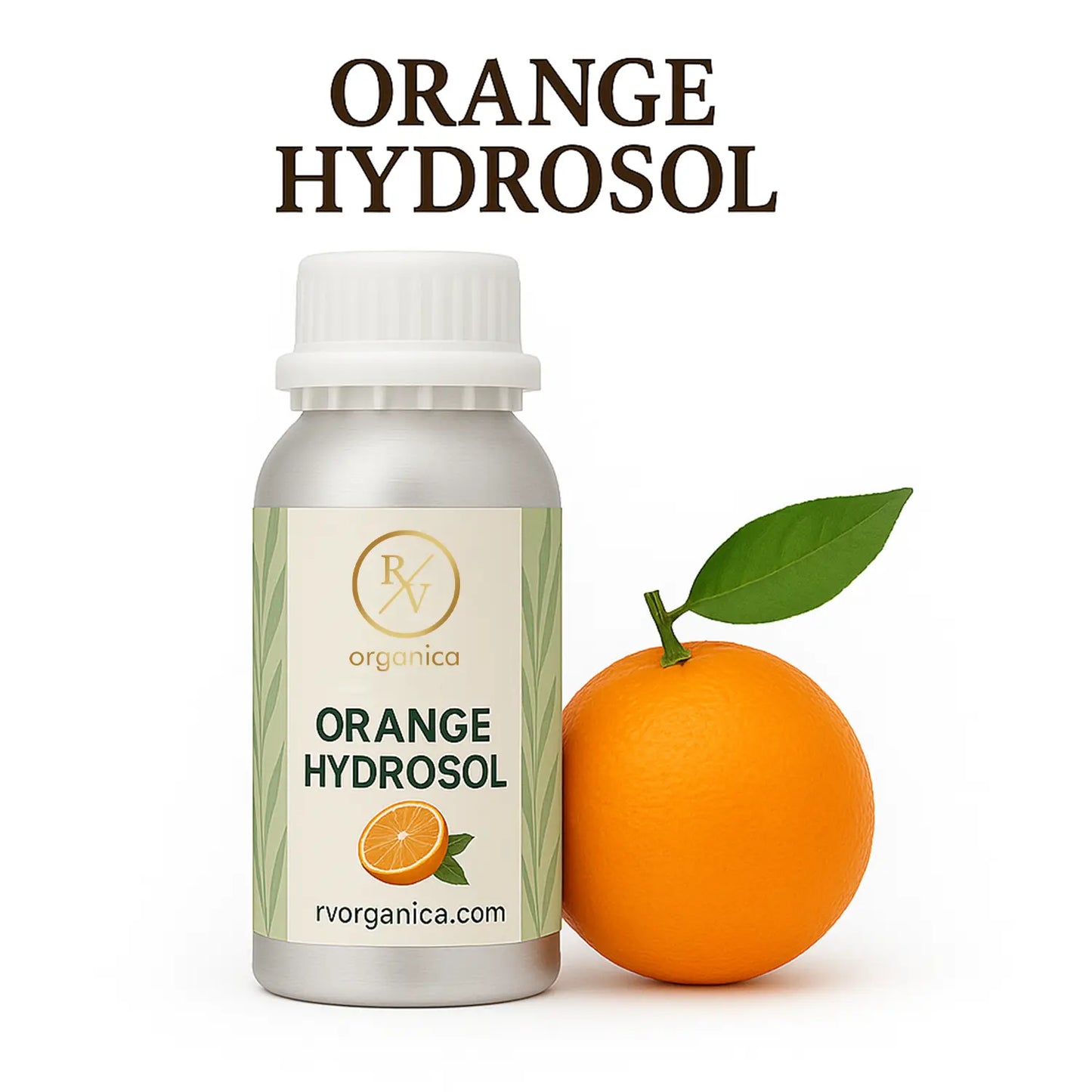A bottle of Orange Hydrosol with a white cap, labeled with the brand RV Organica, alongside a fresh orange and a green leaf.