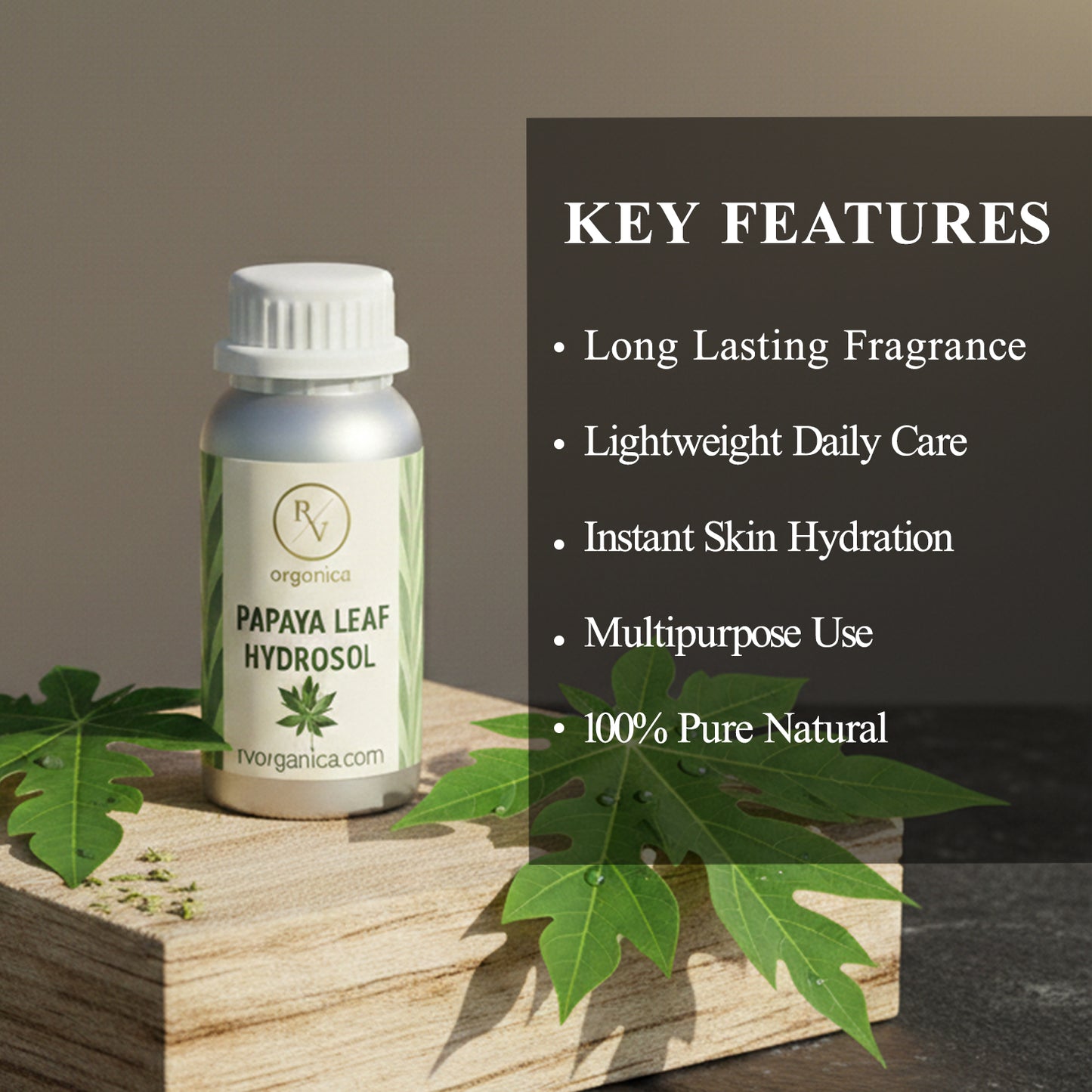 Papaya Leaf Hydrosol lightweight natural skin mist with long lasting fragrance, instant hydration and multipurpose daily skincare use.