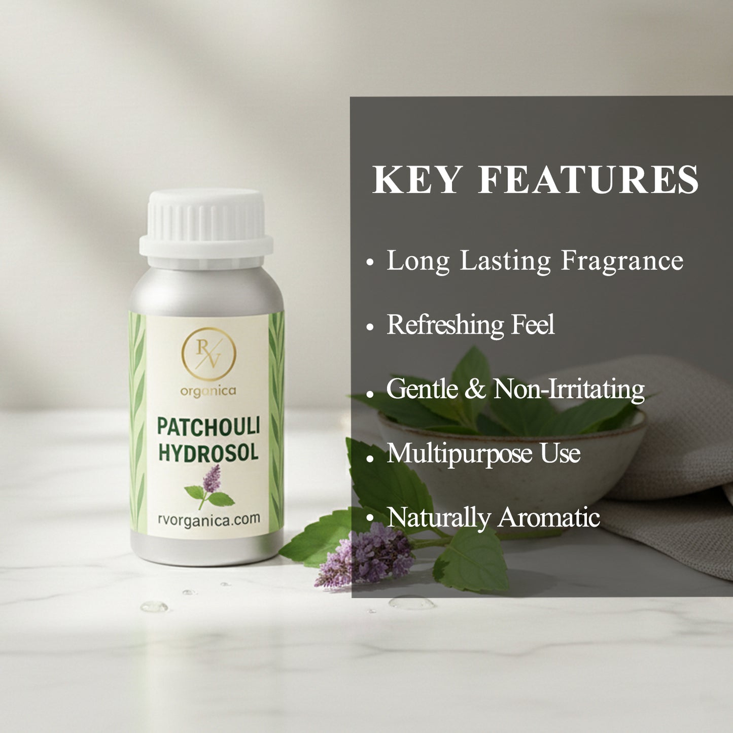 Patchouli Hydrosol natural aromatic skin mist with long lasting fragrance, refreshing feel, gentle formula and multipurpose skincare use.