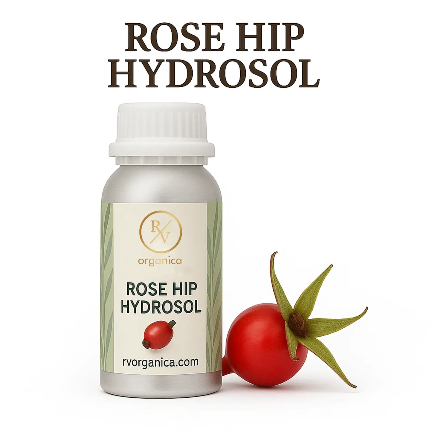 A bottle labeled 'ROSE HIP HYDROSOL' from RV Organica, with a small rose hip fruit next to it.