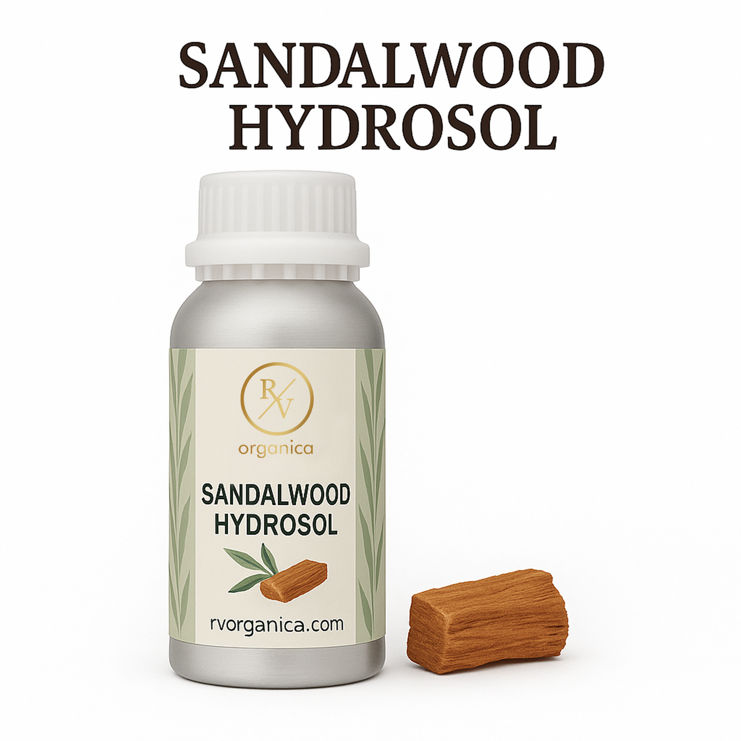 A bottle of Sandalwood Hydrosol with a white cap, labeled with the brand RV Organica and a small piece of sandalwood beside it.
