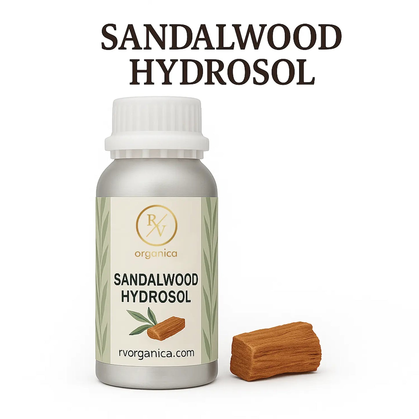 A bottle of Sandalwood Hydrosol with a white cap, labeled with the brand RV Organica and a small piece of sandalwood beside it.