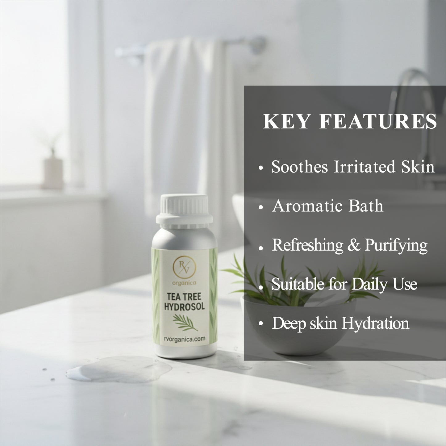 Tea Tree Hydrosol soothing and purifying natural skin mist that helps irritated skin, provides deep hydration and is suitable for daily use.