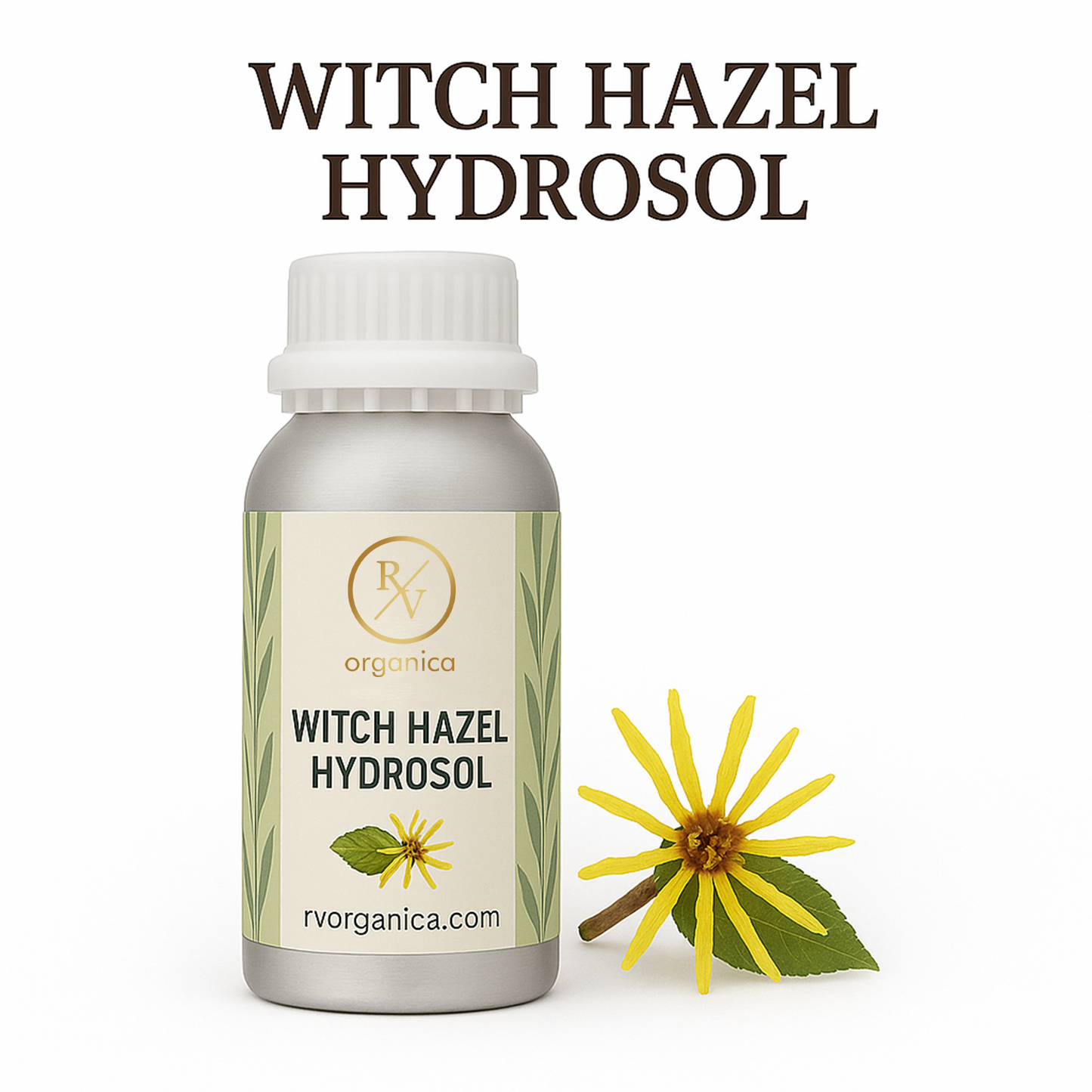A bottle of RV Organica Witch Hazel Hydrosol with a small yellow flower and green leaf in the background, displaying the product name and website.