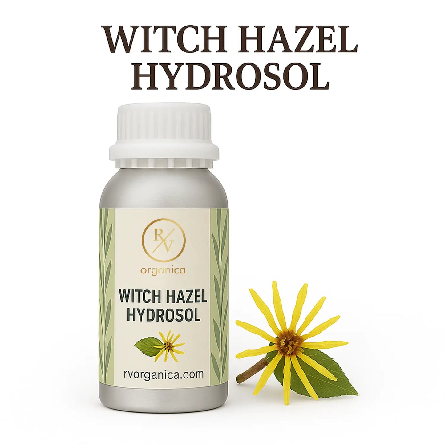 A bottle of RV Organica Witch Hazel Hydrosol with a small yellow flower and green leaf in the background, displaying the product name and website.