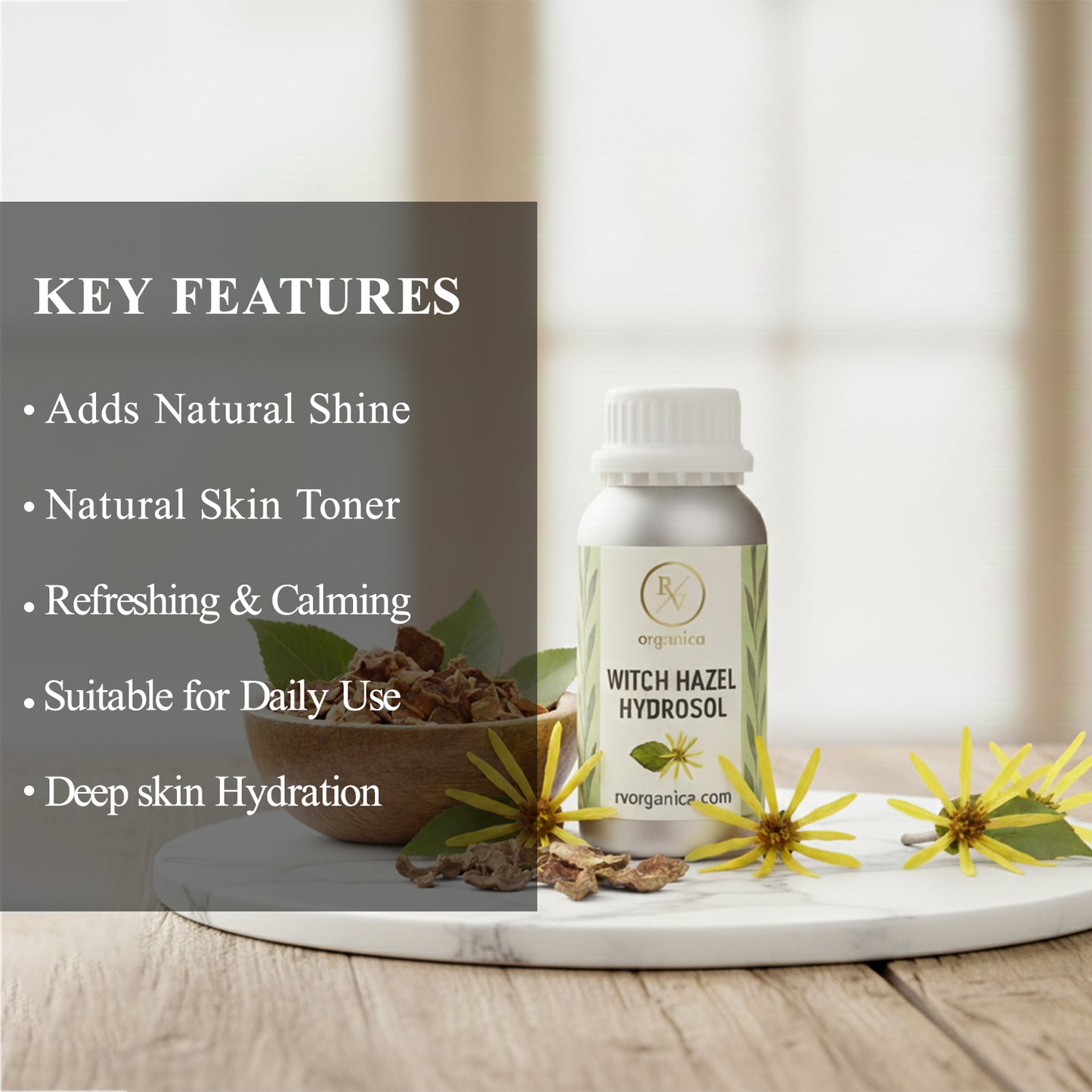 Witch Hazel Hydrosol natural skin mist that adds shine, refreshes and calms skin, suitable for daily use with deep hydration benefits.