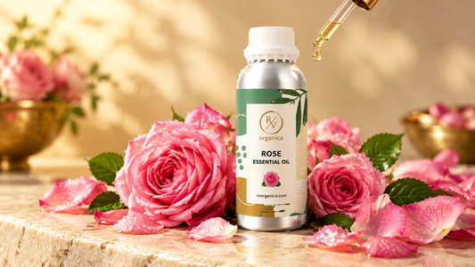 RV Organica rose essential oil in a silver aluminium bottle with a dropper releasing a drop, surrounded by fresh pink roses and dewy petals on a stone surface