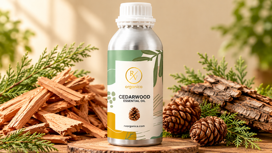 RV Organica silver aluminium cedarwood essential oil bottle on a round wooden slab with cedar wood chips, green cedar branches, cones and bark in warm natural light