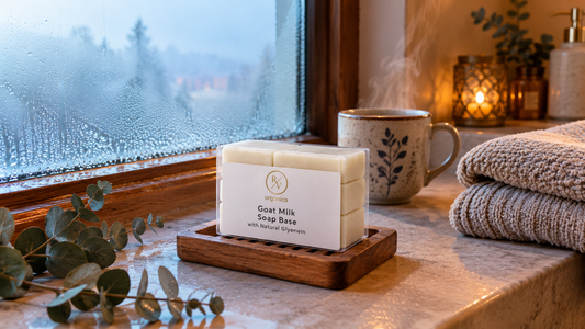 RV Organica Goat Milk Soap Base on a wooden soap dish by a misty winter window, with a steaming mug, eucalyptus sprigs and a folded towel