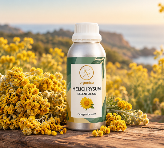 RV Organica helichrysum essential oil in a silver aluminium bottle beside fresh yellow helichrysum flowers on a wooden table, with a Mediterranean hillside in bloom behind