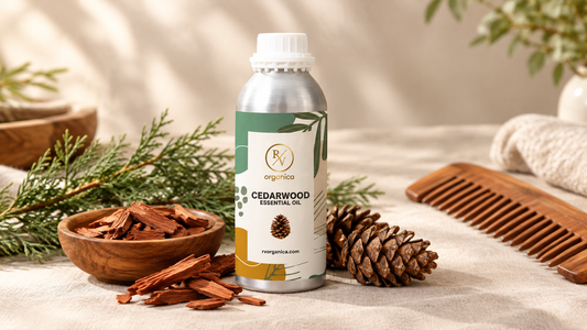 RV Organica silver aluminium cedarwood essential oil bottle on a linen surface beside a wooden bowl of cedar wood chips, cedar branches, cones and a wooden comb in soft daylight