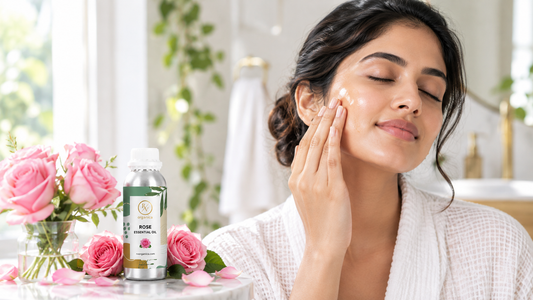 Woman with eyes closed pressing diluted rose oil onto her cheek beside RV Organica rose essential oil and pink roses in a bright bathroom