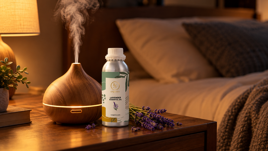 Wooden aroma diffuser releasing mist on a bedside table at night beside an RV Organica essential oil bottle and a sprig of lavender, with warm lamp glow and a cosy bed behind
