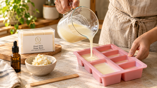 Hands pouring melted goat milk soap base into a pink silicone mould next to an RV Organica Goat Milk Soap Base pack, shea butter and a dropper bottle of oil
