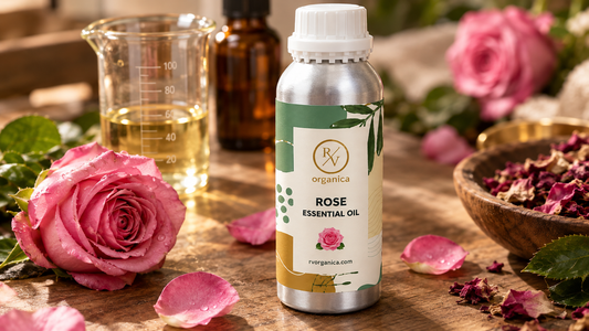 RV Organica rose essential oil on a perfume-making bench with a measuring beaker, an amber bottle, fresh pink roses and dried rose petals