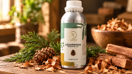 RV Organica silver aluminium cedarwood essential oil bottle on a dark rustic wooden table with fresh cedar wood shavings, a cedar branch and a bowl of wood chips in warm light