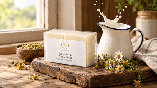 RV Organica Goat Milk Soap Base on a rustic wooden board beside a splashing milk pitcher and fresh chamomile flowers