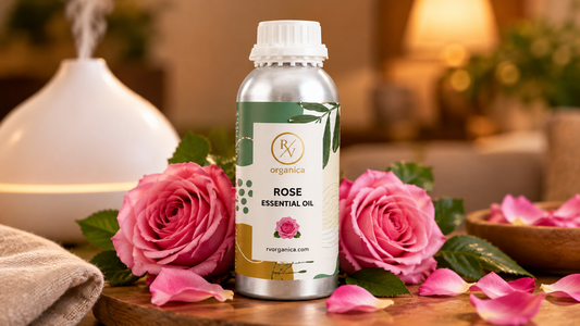 RV Organica rose essential oil with pink roses in front of a white aroma diffuser releasing mist in a warmly lit living room