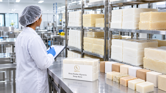 Quality staff in a hairnet checking stacked soap base blocks on steel racks, with an RV Organica Shea Butter Glycerin Soap Base pack and sample bars on the counter