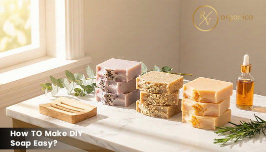 RV Organica branded DIY handmade soap bars including lavender, oatmeal, and citrus varieties with eucalyptus leaves.
