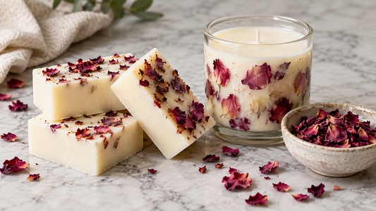 Handmade melt and pour soap bars topped with dried rose petals next to a soy wax candle on a marble counter
