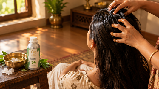 Woman receiving a champi scalp massage beside a brass katori of coconut and camphor oil and an RV Organica Camphor Essential Oil bottle
