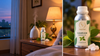 White ceramic diffuser misting beside an RV Organica Camphor Essential Oil bottle on a bedside table at dusk