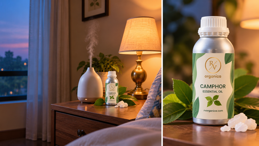 White ceramic diffuser misting beside an RV Organica Camphor Essential Oil bottle on a bedside table at dusk