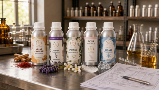RV Organica fragrance oil bottles including Kesar Chandan, Lavender, Jasmine, Dove and Ice Age in a professional fragrance oil manufacturing facility