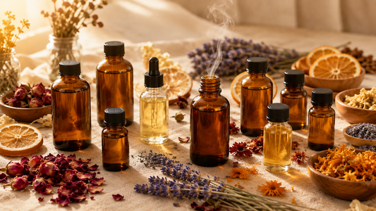 Amber and clear fragrance oil bottles with simple caps arranged with dried flowers, lavender, citrus slices, and aromatic ingredients on beige linen