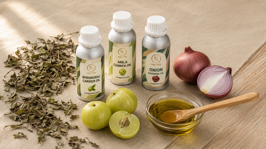 Amla, onion and bhringraj carrier oils with fresh amla, onion and dried bhringraj herbs for hair care