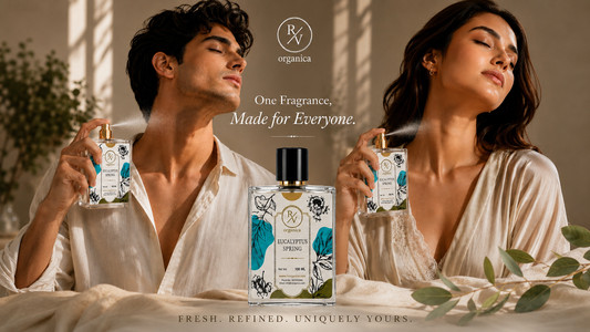 RV Organica Eucalyptus Spring inspired perfume showcased with male and female models in a luxury lifestyle fragrance campaign, premium unisex perfume with fresh botanical design.