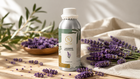 Lavender Essential Oil in premium silver aluminum bottle with botanical label, surrounded by fresh lavender flowers on a rustic wooden surface, natural sunlight, aromatherapy product photography.
