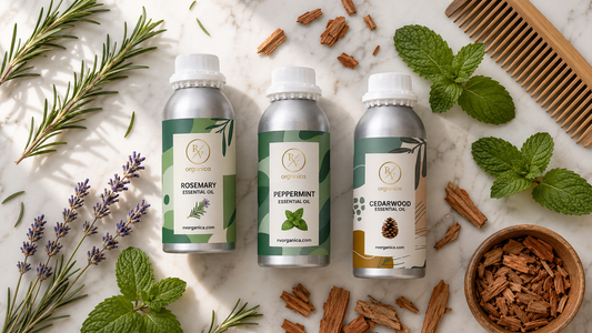 Flat lay product photography of RV Organica Rosemary, Peppermint, and Cedarwood essential oil bottles on a white marble surface with fresh rosemary sprigs, peppermint leaves, cedarwood chips, dried lavender, and a wooden comb in natural daylight.