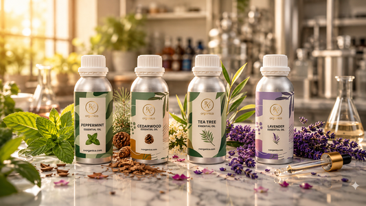 RV Organica peppermint, cedarwood, tea tree, and lavender essential oil bottles displayed on a white marble surface with fresh herbs, lavender flowers, cedarwood pieces, and a premium laboratory-inspired background