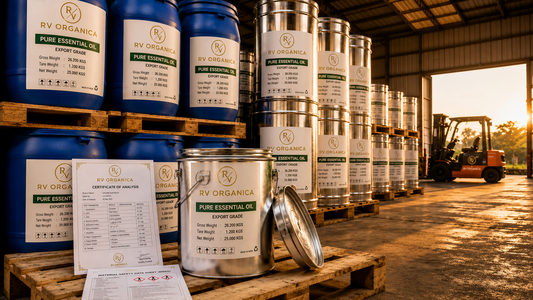 RV Organica export-grade essential oil warehouse with blue HDPE drums, stainless steel barrels, quality certification documents, and industrial storage facility for bulk essential oil manufacturing and global export.