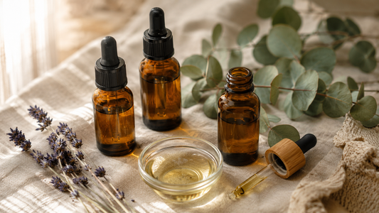 Glass dropper bottles of lavender, tea tree and eucalyptus essential oil arranged with jojoba carrier oil on a linen surface — how to dilute essential oils safely at home