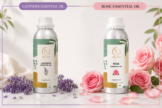 RV Organica Lavender Essential Oil and Rose Essential Oil bottles with fresh lavender sprigs and pink roses, best quality essential oils India