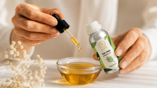 Close-up of hands holding an RV Organica Tea Tree Essential Oil bottle with a glass dropper dispensing oil into a clear glass bowl, warm natural light and minimalist skincare setting.