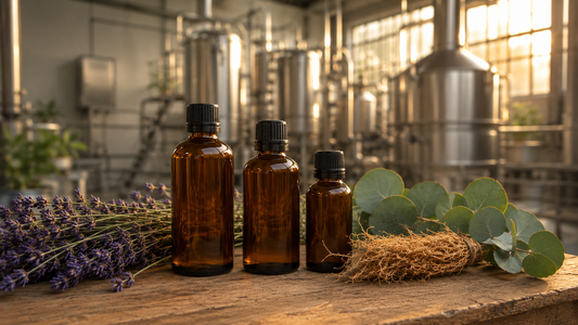 Professional editorial photograph of plain amber essential oil bottles displayed on a wooden surface with fresh lavender, eucalyptus leaves, and vetiver roots inside a modern stainless steel essential oil distillation facility in warm natural light
