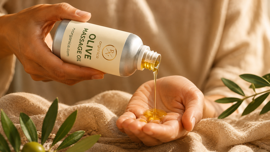 RV Organica olive massage oil being poured  from bottle onto hand for body massage