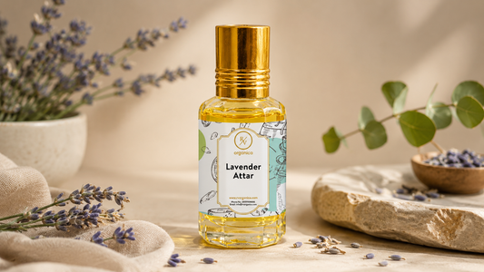 Lavender Attar by RV Organica with fresh lavender sprigs and eucalyptus leaves