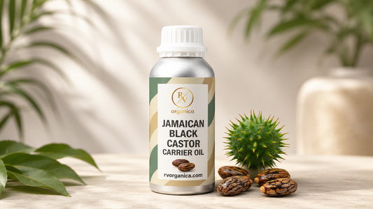 RV Organica Jamaican Black Castor Carrier Oil bottle with castor seeds