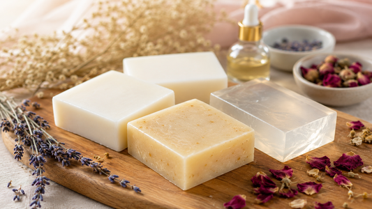 Best organic soap base bars, goat milk, shea butter, exfoliating, and clear glycerin, on a wooden board with carrier oil dropper bottle, lavender sprigs, and dried rose petals for soap making